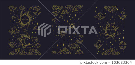 Tarot sun and moon patterns. Spiritual tarot ornaments with celestial and antique symbols. Vector illustration 103683304