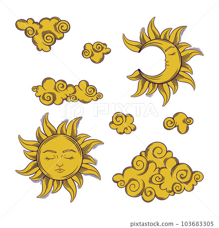 Tarot esoteric sun, crescent moon and clouds. Tarot set with golden celestial symbols. Vector illustration 103683305