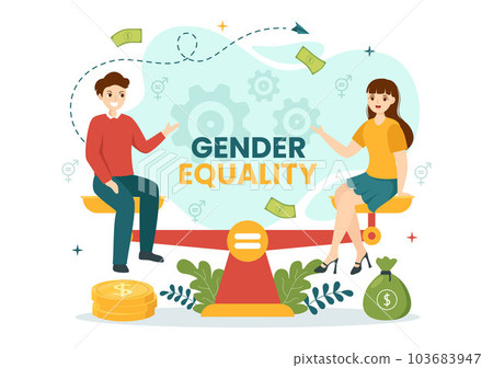 Gender Equality Vector Illustration with Men and Women Character on the Scales Showing Equal Balance and Same Opportunities in Hand Drawn Templates 103683947