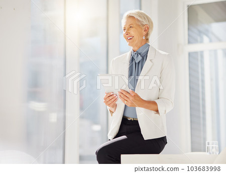 Vision, office tablet and senior woman happy for company growth statistics, feedback insight or online data analytics. Executive, pride and confident female person, CEO or boss smile for sale numbers Vision, office tablet and senior woman happy for company growth statistics, feedback insight or online data analytics. Executive, pride and confident female person, CEO or boss smile for sale numbers 103683998