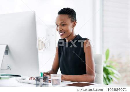 Business, computer and happy black woman in office, smile and typing email on light background. Research, creative and African lady graphic designer online for planning, homepage and idea inspiration 103684071