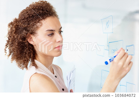 Serious, business woman and writing in planning for schedule, brainstorming or strategy at the office. Focused female employee working on project plan, tasks or coaching on whiteboard at workplace 103684072