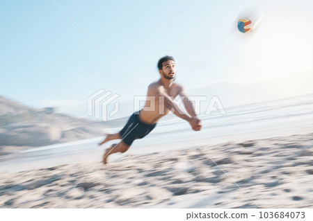 Sports, moving and man with volleyball, beach or exercise, competition or workout for wellness. Male person, athlete and player with fitness, seaside and game with speed, sand and health with cardio 103684073