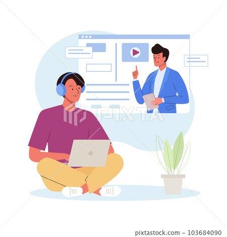 Man student in the headphones studying with laptop and listening teacher 103684090