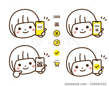 一個女孩展示智能手機屏幕並指著 103684103