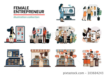 Hand Drawn female entrepreneur with business in flat style illustration for business ideas Hand Drawn female entrepreneur with business in flat style illustration for business ideas 103684243
