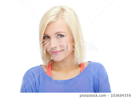 Gaze into her beautiful eyes. Head and shoulders portrait of a beautiful young blonde isolated on a white background. Gaze into her beautiful eyes. Head and shoulders portrait of a beautiful young blonde isolated on a white background. 103684359