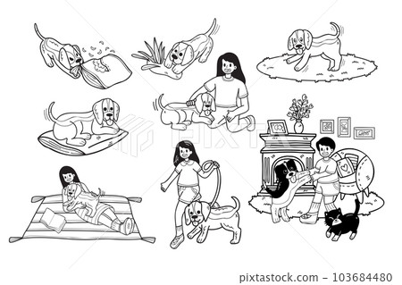 Hand Drawn beagle dog and family collection in flat style illustration for business ideas Hand Drawn beagle dog and family collection in flat style illustration for business ideas 103684480