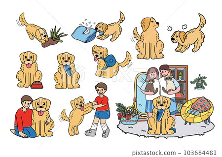 Hand Drawn golden retriever dog and family collection in flat style illustration for business ideas Hand Drawn golden retriever dog and family collection in flat style illustration for business ideas 103684481