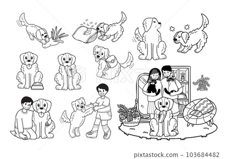 Hand Drawn golden retriever dog and family collection in flat style illustration for business ideas Hand Drawn golden retriever dog and family collection in flat style illustration for business ideas 103684482