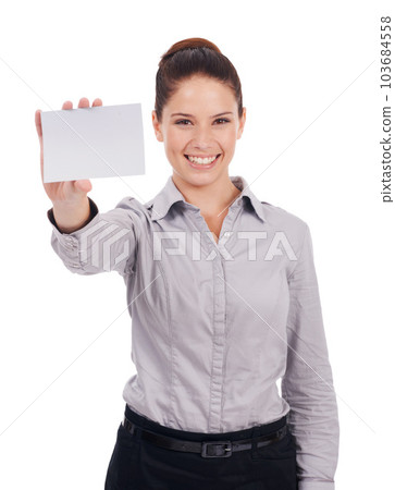 Mockup, paper and portrait of woman in studio for idea, networking and idea. Corporate, signage and happy with female employee and business card on white background for news and presentation 103684558
