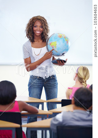 Geography, planet and teacher portrait with children in classroom for happy education, world learning and earth globe. African woman with school kids for global teaching and point to map or location 103684603