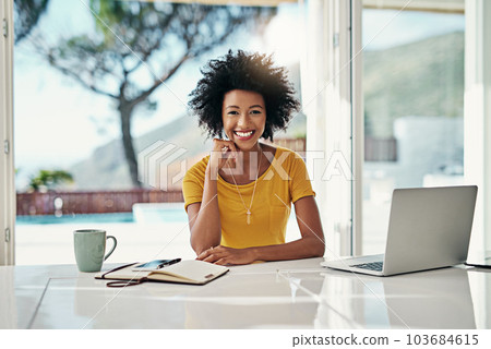 Laptop, smile and happy with portrait of black woman for planning, website and remote work. Blog, networking and social media with female freelancer at home for email, technology and internet 103684615