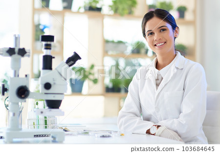 Science can answer all of lifes questions. Portrait of a young scientist working in a lab. Science can answer all of lifes questions. Portrait of a young scientist working in a lab. 103684645