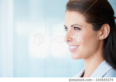 Corporate, face of businesswoman thinking and mockup at modern office with space. Professional business person, young entrepreneur and female worker with smile for confidence or pride at workplace 103685074