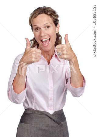 Business woman and success portrait with thumbs up for career victory with excited smile for achievement. Happy, winner and corporate worker with yes and approval gesture on isolated white background 103685155