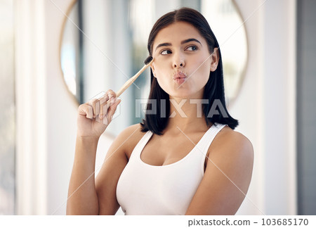 Bathroom, cleaning and woman with bamboo toothbrush for brushing teeth, hygiene and dental care. Dentistry, healthcare and girl with thinking face using organic, natural and eco friendly products 103685170