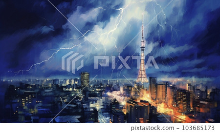 夜城雷擊-水彩畫 103685173