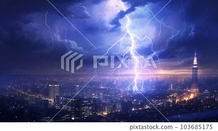夜城雷擊-水彩畫 夜城雷擊-水彩畫 103685175