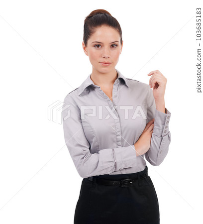 Employee, serious and portrait of business woman feeling confident, assertive and isolated in a studio white background. Corporate, professional and female worker or entrepreneur ready for work 103685183