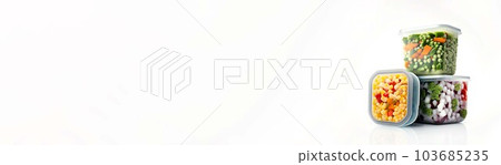 Frozen vegetables in plastic containers on a white  background. AI Neural Network Generated image, Generative AI 103685235