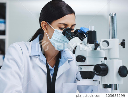 Research, laboratory and woman with microscope for medical analysis, science and lab test. Healthcare, biotechnology and female scientists with equipment for sample, experiment and examine virus Research, laboratory and woman with microscope for medical analysis, science and lab test. Healthcare, biotechnology and female scientists with equipment for sample, experiment and examine virus 103685299