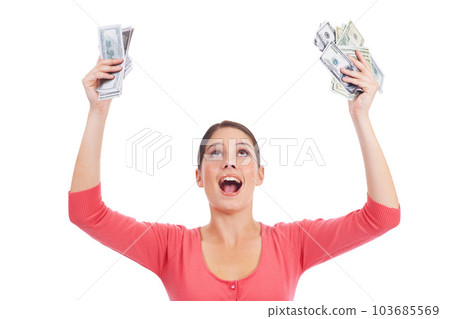 Studio money, celebration and woman excited for lottery win, competition prize or cash dollar award. Finance trading, payment or winner of poker, bingo or casino gambling isolated on white background 103685569