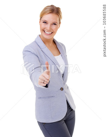 Good for you. Three quarter length shot of a pretty blonde giving a thumbs up sign. Good for you. Three quarter length shot of a pretty blonde giving a thumbs up sign. 103685588