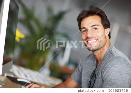 Office, computer and happy man in portrait for creative project, business startup or online planning in career mindset. Face of a graphic designer on desktop pc working and smile for job opportunity Office, computer and happy man in portrait for creative project, business startup or online planning in career mindset. Face of a graphic designer on desktop pc working and smile for job opportunity 103685726