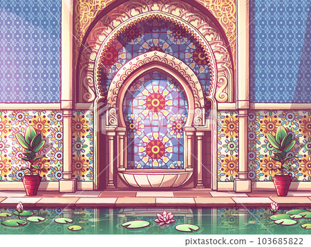 The colorful door to Moroccan-style building in a patio with a pond The colorful door to Moroccan-style building in a patio with a pond 103685822