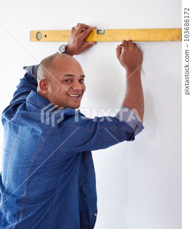 Spirit meter, man portrait and pencil measure for maintenance, home improvement and repair. Construction, builder and contractor alignment drawing on wall for level measuring of handyman and line 103686172