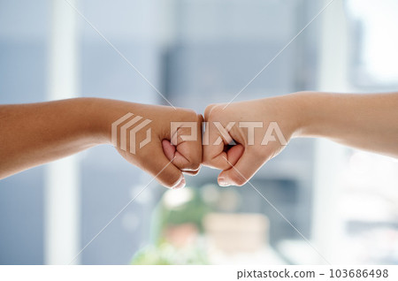 Fist bump, worker hands and motivation gesture of success, support and trust in a office. Friends, team building and collaboration hand sign with business people showing teamwork and solidarity 103686498