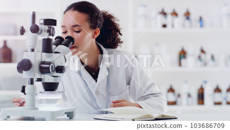 Research, microscope and woman scientist writing for science, medicine and data analysis in a lab. Laboratory, healthcare and female health expert with book for medical, results and sample checklist Research, microscope and woman scientist writing for science, medicine and data analysis in a lab. Laboratory, healthcare and female health expert with book for medical, results and sample checklist 103686709