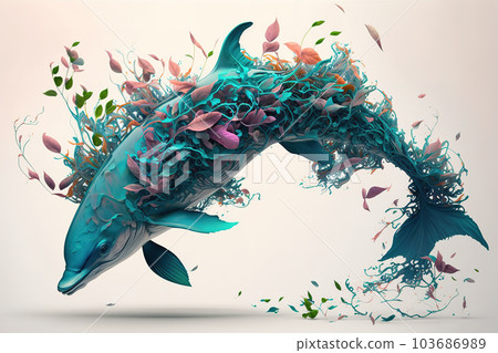 Image of brightly colored dolphin with colorful tropical flowers. Wild Animals. Illustration. Generative AI. Image of brightly colored dolphin with colorful tropical flowers. Wild Animals. Illustration. Generative AI. 103686989