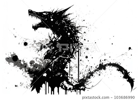 Image painting of a dragon drawing using a brush and black ink on white background. Mythical creatures. Illustration, Generative AI. Image painting of a dragon drawing using a brush and black ink on white background. Mythical creatures. Illustration, Generative AI. 103686990