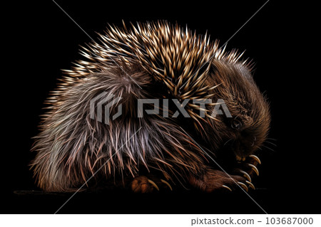 Image of malayan porcupine with long spiky hair. Wildlife Animals. Illustration. Generative AI. 103687000