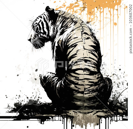 Painting of a tiger drawing using a brush and black ink on white background. Wildlife Animals. Illustration. Generative AI. 103687002