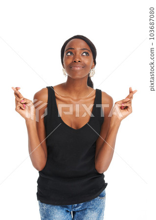 Fingers crossed, smile and hope with black woman and thinking for good luck, wishing and happy. Superstition, planning and creative with girl isolated on white background for goals, target and sign 103687080