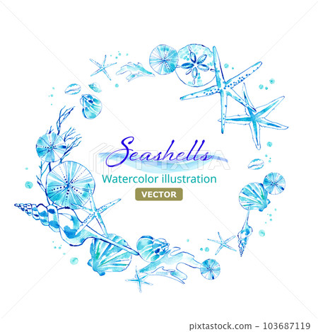 貝殼水彩插圖。帶有海洋形象的夏季圓形框架裝飾。 （矢量。佈局多變） 103687119