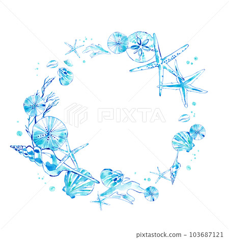 Seashell watercolor illustration. Summer circular frame decoration with the image of the sea. 103687121