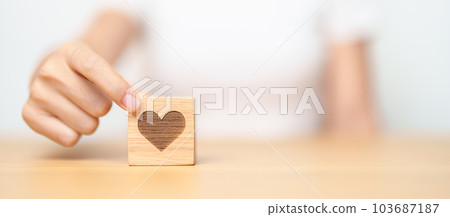 Hand holding heart block for health care, love, organ donation, charity, happy family, wellbeing and insurance concepts. world heart day, health day and mental health day 103687187
