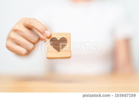 Hand holding heart block for health care, love, organ donation, charity, happy family, wellbeing and insurance concepts. world heart day, health day and mental health day 103687189