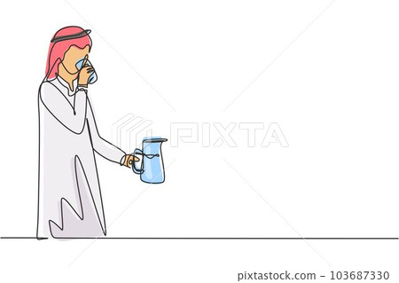 Single one line drawing Arabic man drinking holding glass in right hand and jug in left hand to quench thirst after activity. Enjoy life. Modern continuous line draw design graphic vector illustration 103687330