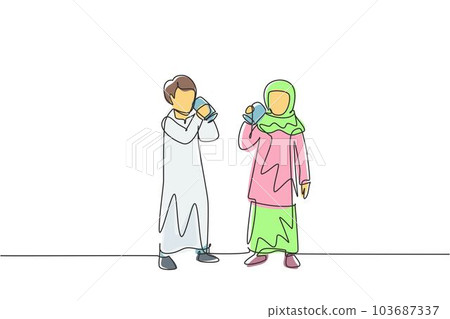 Single continuous line drawing pair of Arabian boys and girls standing while enjoying glass of fresh milk for growth and fulfillment of body nutrition. One line draw graphic design vector illustration 103687337
