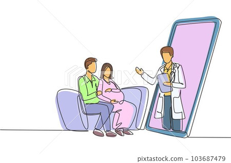 Single one line drawing male doctor comes out from smartphone screen facing patient and gives consultation to patient young couple with pregnant wife. Modern continuous line draw design graphic vector 103687479