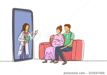Continuous one line drawing female doctor comes out from smartphone screen facing patient and gives consultation to patient young couple with pregnant wife. Single line draw design vector graphic Continuous one line drawing female doctor comes out from smartphone screen facing patient and gives consultation to patient young couple with pregnant wife. Single line draw design vector graphic 103687480