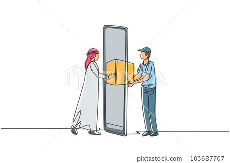 Single continuous line drawing male courier delivers box package, through smartphone to Arabian male customer. Online delivery service concept. Dynamic one line draw graphic design vector illustration 103687707