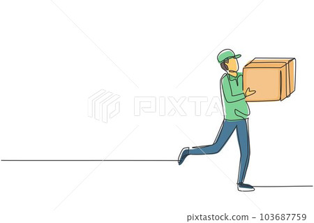Single one line drawing courier carrying box package. E-commerce. Online shopping. Online delivery service. Fast delivery parcel concept. Modern continuous line draw design graphic vector illustration 103687759
