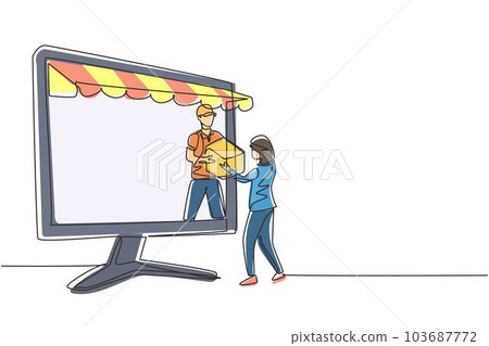 Single continuous line drawing male courier comes out of canopy monitor screen and gives package box to female customer. Fast respond delivery. Dynamic one line draw graphic design vector illustration 103687772