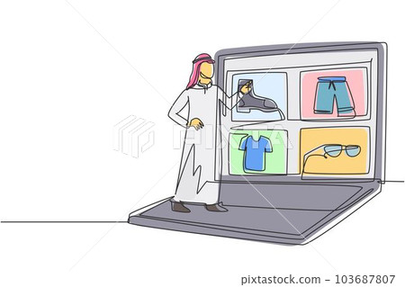 Continuous one line drawing young Arabian man choosing shopping items on a giant laptop screen. E-commerce, digital lifestyle with gadgets concept. Single line draw design vector graphic illustration 103687807